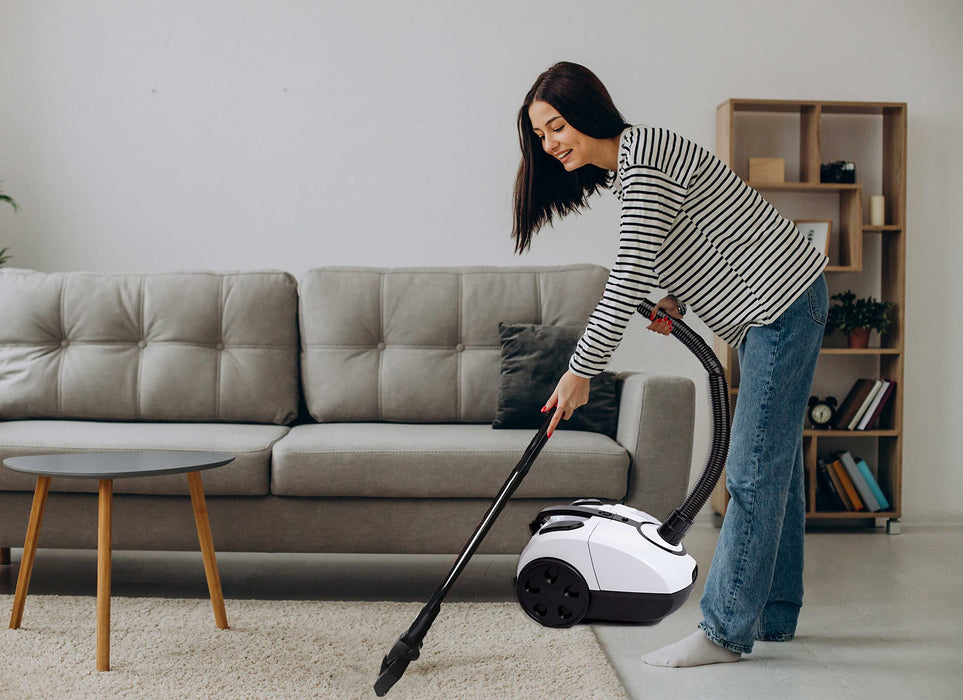 Impecca Bagged Canister Vacuum Cleaner for Carpets, Rugs, Hard Floors, Upholstery, Powerful 1000W Motor, 2L Dust Capacity, includes 6 cleaning tools and 3 Bags, White