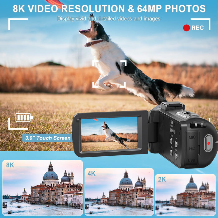 8K 64MP Camcorder Video Camera 18X Digital Zoom YouTube Vlogging Camera Webcam IR Night Vision WiFi 3.0”Touch Screen Camcorders with Microphone, 32G SD Card, Remote Control and 2 Batteries