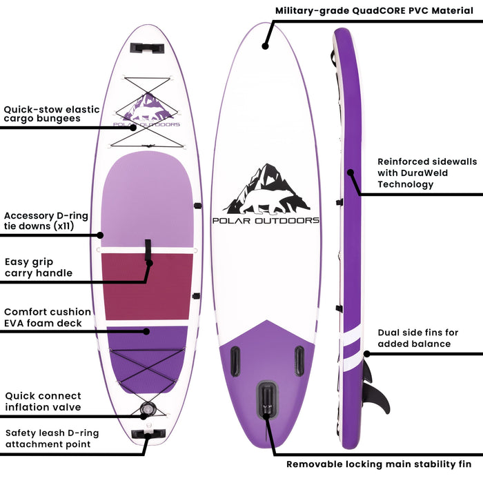 Polar Outdoors by Roc Inflatable Stand Up Paddle Board with Premium SUP Paddle Board Accessories, Wide Stable Design, Non-Slip Comfort Deck for Youth & Adults. (Orchid)