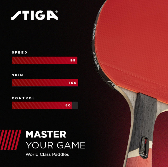 STIGA Pro Carbon Performance-Level Table Tennis Racket with Carbon Technology for Tournament Play - Red and Blue Colors