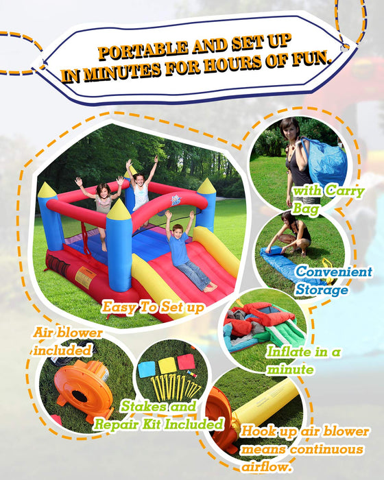 Action Air Bounce House, Inflatable Bouncer with Air Blower, Jumping Castle with Slide, Family Backyard Bouncy Castle, Durable Sewn with Extra Thick Material, Idea for Kids