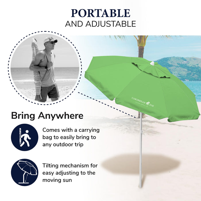 CARIBBEAN JOE Beach Umbrella, Portable and Adjustable Tilt Sun Umbrella with UV Protection, Vented Canopy, Full 7 ft Arc, Green