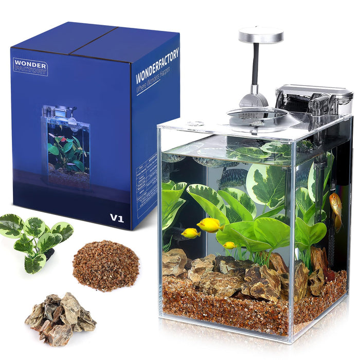 Wonderfactory 1.5 Gallon Aquarium Fish Tank with HOB Filter and Light, Self Cleaning Betta Fish Tank, Complete Desktop Aquarium Starter Kit, Small Fish Tank for Beginners and Aquarium Hobbyists