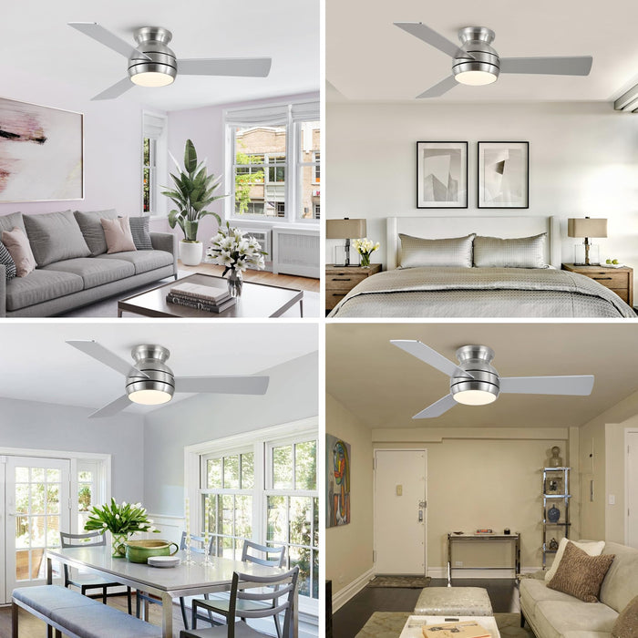 POCHFAN 42 Inch Ceiling Fans with Lights, Low Profile Ceiling Fan with Remote, Quiet Motor, Dimmable 6 Speeds Reversible LED Flush Mount Modern Ceiling Fan for Bedroom, Living Room, Brushed Nickel