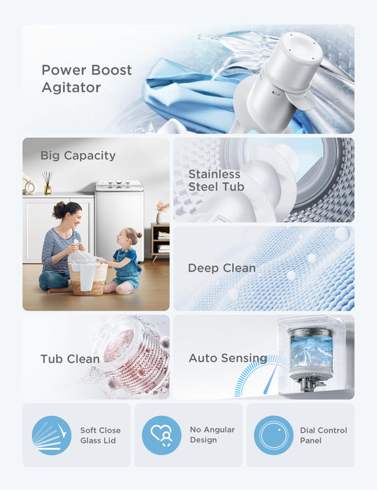 Midea MLTW37A1BWW Agitator Machine, Auto Top Load Sensing Washer, 12 Washing Cycles, Dial Control Panel, 3.7 Cu.ft, White