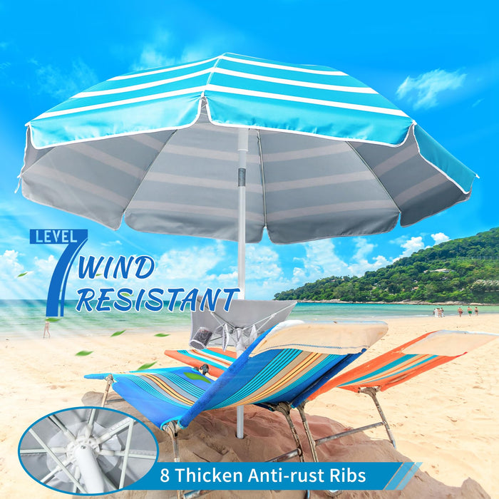 Beach Umbrella - Beach Umbrella for Sand Wind Portable with Tilt Pole, 6.56 FT Arc Length 5.9 FT Diameter, Heavy Duty Wind Resistant Striped Large Umbrellas, UV 50+ Parasol with Anchor Screw Adjustable Height and Foldable Table Board