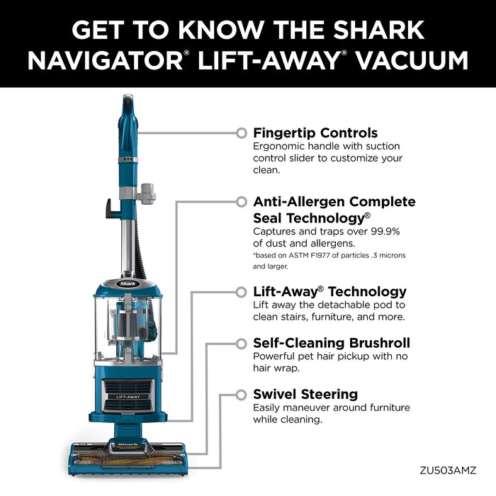 Shark ZU503AMZ Navigator Lift-Away Upright Vacuum with Self-Cleaning Brushroll, HEPA Filter, Swivel Steering, Upholstery Tool & Pet Crevice Tool, Perfect for Pets & Multi-Surface, Teal