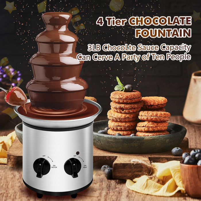 Electric Chocolate Fondue Fountain Machine Stainless Steel 4-Pound Capacity for Chocolate Candy Butter Cheese (4-Tier)