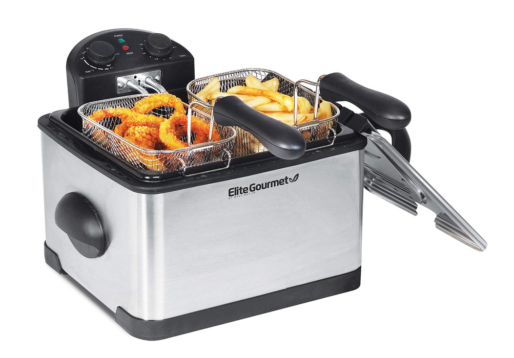 Elite Gourmet EDF-401T Electric Immersion Deep Fryer 3-Baskets, 1700-Watt, Timer Control, Adjustable Temperature, Lid with Viewing Window and Odor Free Filter, Stainless Steel and Black