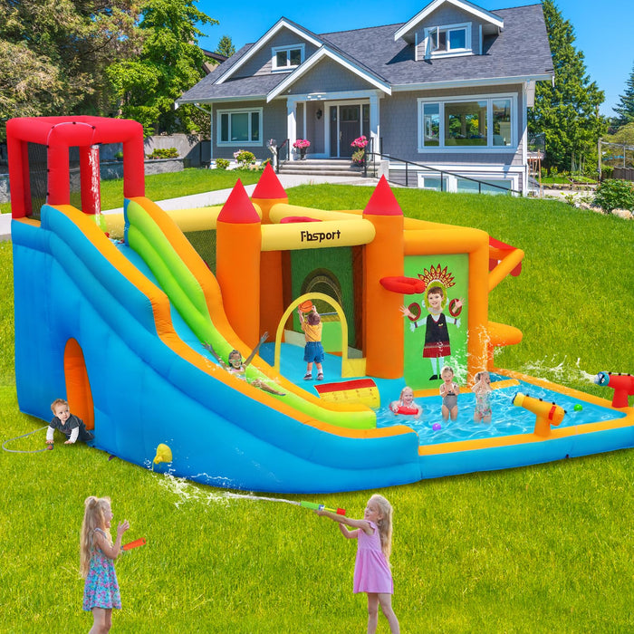 FBSPORT Inflatable Bounce House Water Slide, Bounce House for Kids with Toy Market Stand Splash Pool Bouncer Climbing Wall Water Gun Ball Dart, Bouncy Castle W/620W Blower for Outdoor Indoor, Red