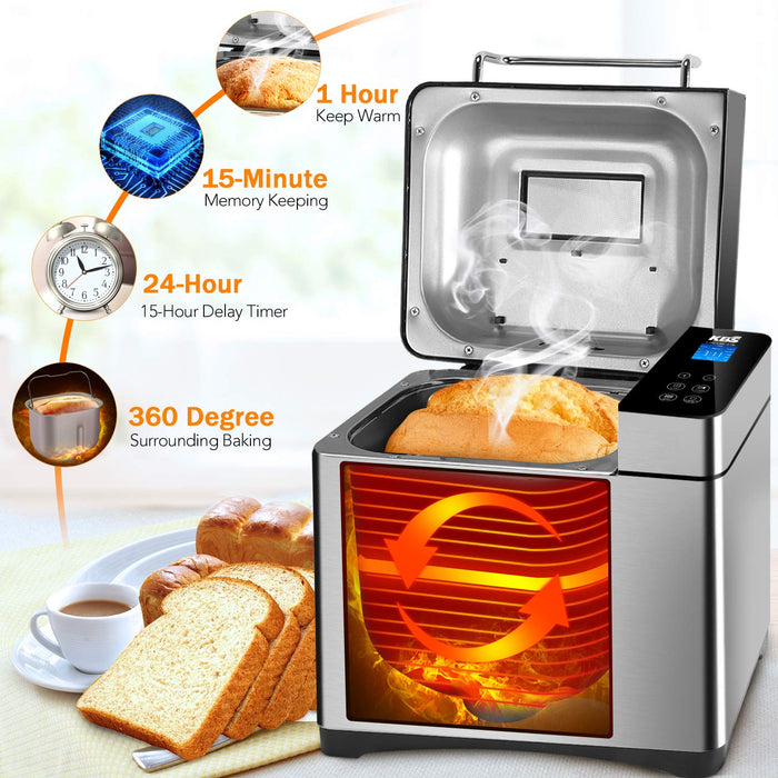 KBS Pro Stainless Steel Bread Machine, 2LB 17-in-1 Programmable XL Bread Maker with Fruit Nut Dispenser, Nonstick Ceramic Pan& Digital Touch Panel, 3 Loaf Sizes 3 Crust Colors, Reserve& Keep Warm Set