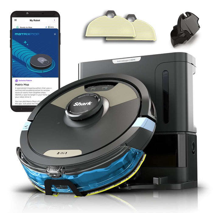 Shark Matrix Plus 2in1 Robot Vacuum & Mop with Sonic Mopping, Matrix Clean, Home Mapping, HEPA Bagless Self Empty Base, CleanEdge, for Pet Hair, Wifi, Black/Gold (AV2610WA)