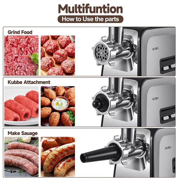 ALTRA LIFE Meat Grinder, Sausage Stuffer, [2800W Max] Electric Meat Mincer with Stainless Steel Blades & 3 Grinding Plates,Sausage Maker & Kubbe Kit for Home Kitchen & Commercial Using (MG090-S)