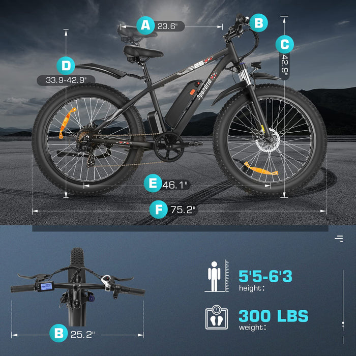 Speedrid Electric Bike 48V 500W Fat Tire Electric Bike Snow Bike 26" 4.0, 48V 10.4Ah Fast Charge Removable Battery, Lockable Suspension Fork and Professional 7 Speed