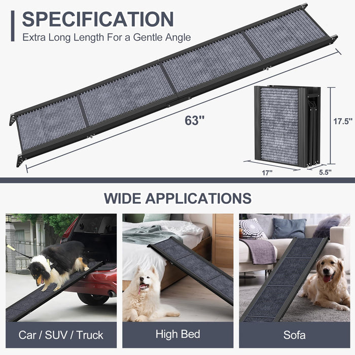 Dog Ramp for Car, 63" Long & 17" Wide Folding Portable Pet Stair Ramp with Non-Slip Rug Surface, Extra Wide Dog Steps for Medium & Large Dogs Up to 250LBS Enter a Car, SUV & Truck