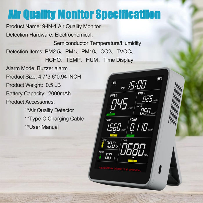 9-in-1 Professional Indoor Air Quality Monitor Indoor Portable PM2.5/PM10/CO2,Temperature, Formaldehyde Detector,Humidity TVOC,Time Display Air Quality Tester-Confined Space Clean Air Monitor