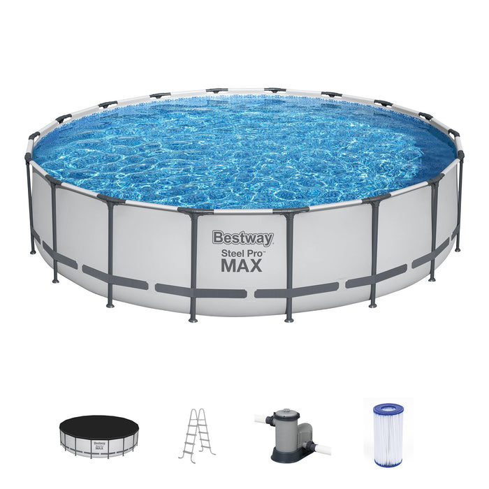 Bestway Steel Pro MAX 18 Foot x 48 Inch Round Metal Frame Above Ground Outdoor Swimming Pool Set with 1,000 Filter Pump, Ladder, and Cover