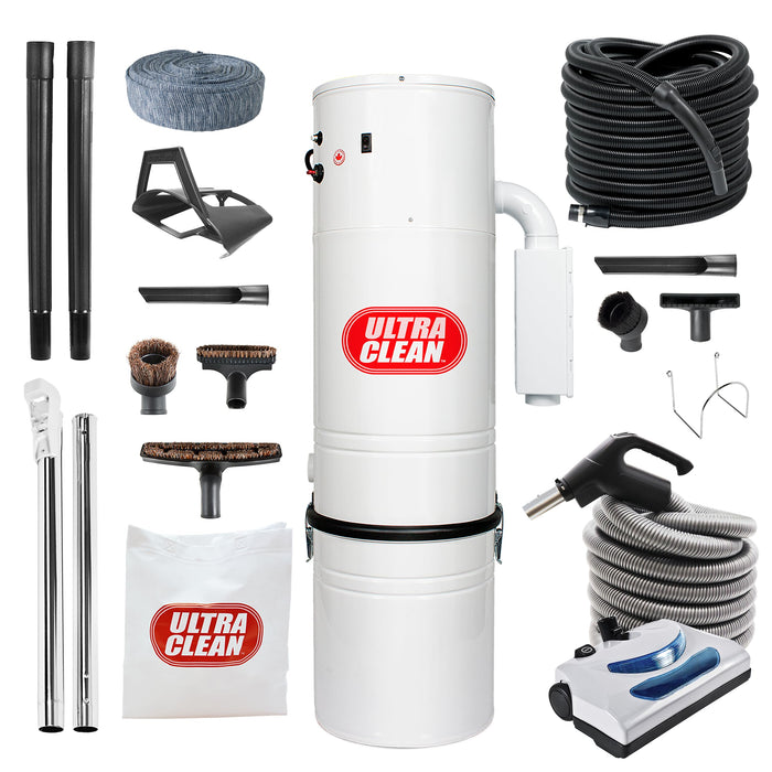 Made in Canada Ultra Clean SC200 Central Vacuum System, Tangential Bypass Motor up to 7,500 sq.ft Home with Deluxe Electric Hose, Powerhead, Accessories, Garage Kit Complete Package (Pigtail, 30 foot)