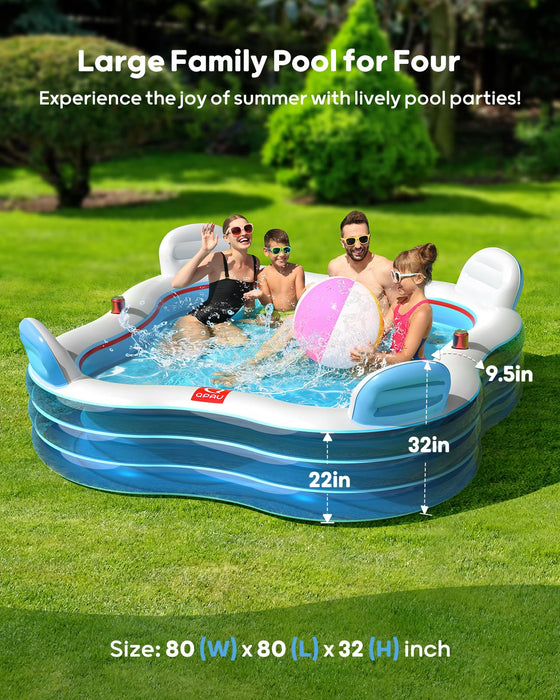 QPAU Inflatable Swimming Pool,Full-Sized Blow Up Pool with Seats and Backrests, Kiddie Pool for Outdoor & Backyard, Children & Adults, for Family Fun (Sky Blue)