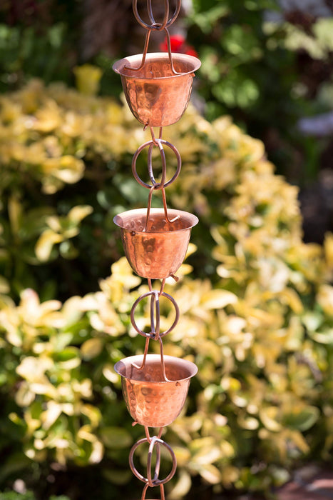 Monarch Rain Chains 26558 Pure Copper Hammered Cup Rain Chain Replacement Downspout for Gutters, 8-1/2 Feet Length