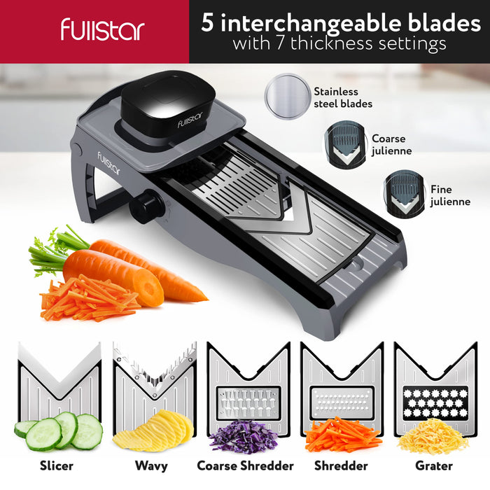 Fullstar 7-in-1 Stainless Steel Mandoline Slicer for Kitchen, Vegetable Slicer, Veggie Chopper & Cheese Grater, Meal Prep Food Storage Container Anti-slip Base & Protective Glove Included - Silver