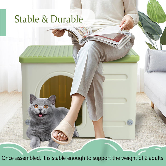 Waterproof Cat House Outdoor Indoor, Plastic Cat House for Outdoor Cats Feral Cat House Outdoor, Sturdy Cat Bed for Small Pet, Spacious, Assemble Easily -Grey