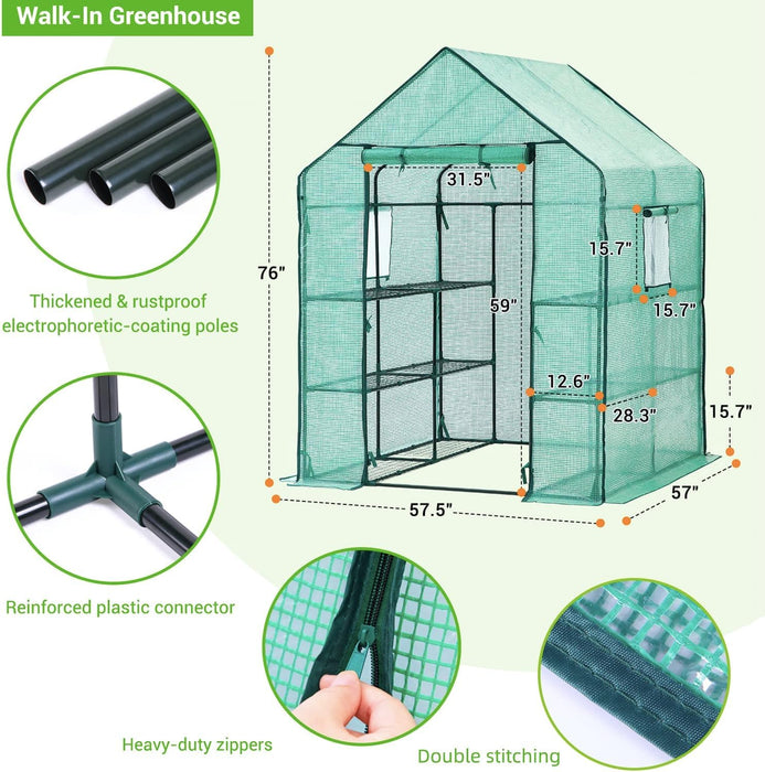 Greenhouse for Outdoors with Screen Windows, Ohuhu Walk in Plant Greenhouses Heavy Duty with Durable PE Cover, 3 Tiers 12 Shelves Stands 4.8x4.8x6.3 FT Plastic Portable Green House with Shelf Clips