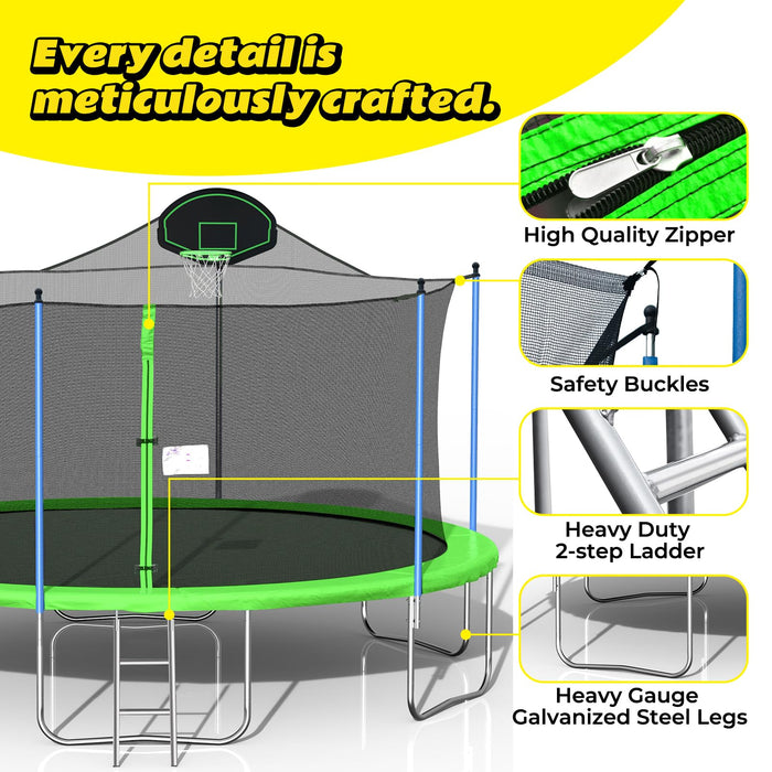 Roinoim 14FT Outdoor Trampoline with Swing, Slide, Basketball Hoop, Safety Enclosure and Ladder, ASTM Approval Outdoor Recreational Trampoline for Kids and Adults