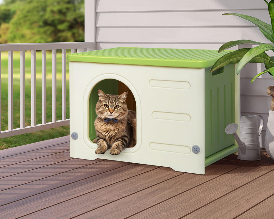 Waterproof Cat House Outdoor Indoor, Plastic Cat House for Outdoor Cats Feral Cat House Outdoor, Sturdy Cat Bed for Small Pet, Spacious, Assemble Easily -Grey