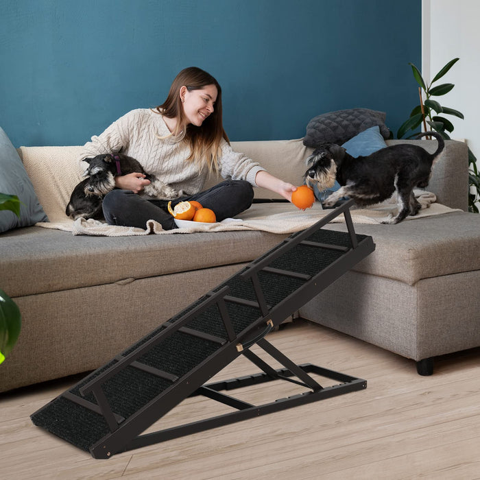 PANTAZO Pet Ramp Folding Portable Wooden Dog & Cat Ramp for Couch or Bed, Including Non Slip Mat & Safety Side Rails, 64.2 Inch Long and Height Adjustable from 13.4 Inch to 38 Inch Up to 110 Lbs