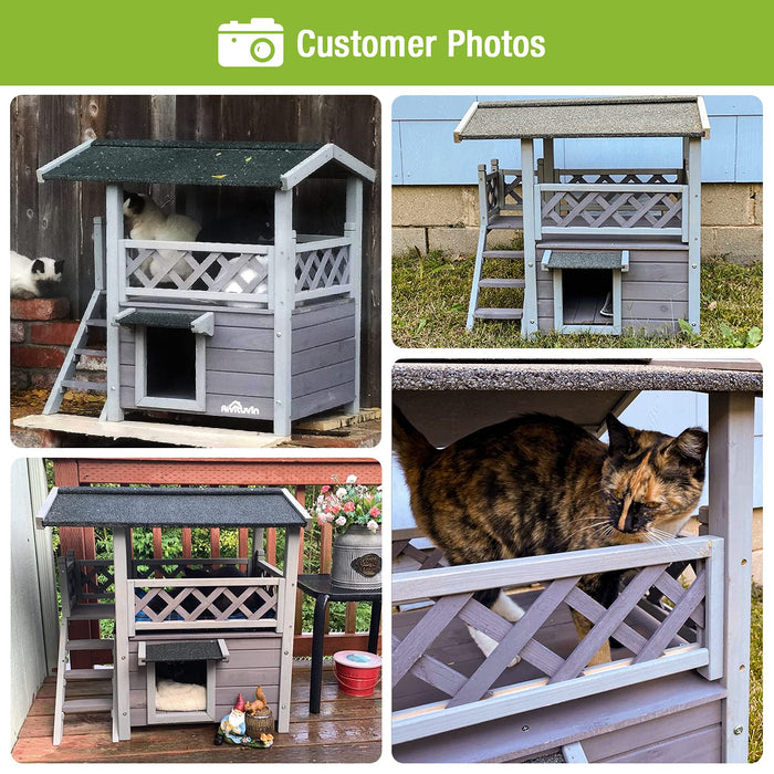 Cat House with Door for Feral Cats, Rainproof Outside Kitty House, 2 Story Wooden Kitten Condo with Stairs (AIR09-BS)