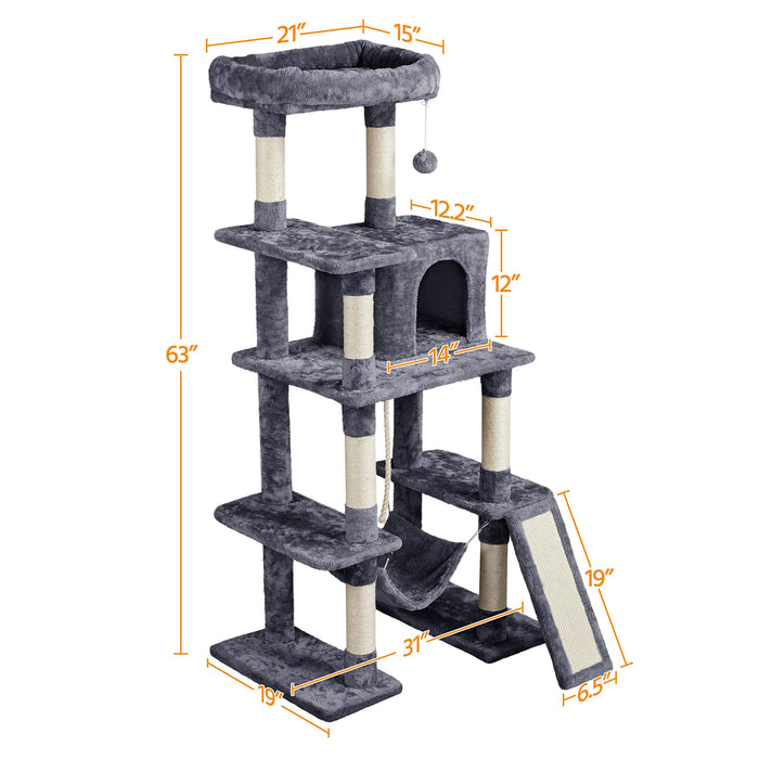 Yaheetech Large Multi-Level Cat Tree, 63 Inches Tall with Sisal-Covered Scratching Posts, Condo, Hammock, Dangling Ball, and Extended Platform for Cats to Play and Sleep