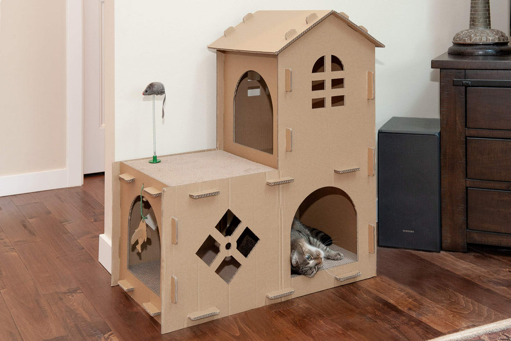 Furhaven Multi-Level Cardboard Cat House w/ Catnip for Indoor Cats, Ft. Scratching Pads & Toys - Farmhouse Corrugated Cat Scratcher Hideout - Cardboard Brown, One Size