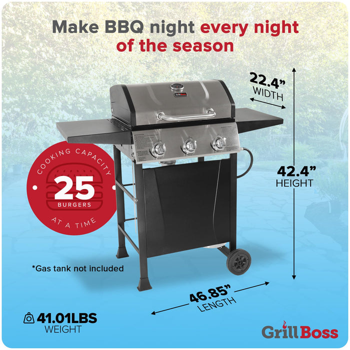 Grill Boss Outdoor BBQ Propane Gas Grill for Barbecue Cooking with Side Burner, Lid, Wheels, Shelves and Bottle Opener, 3 Burner