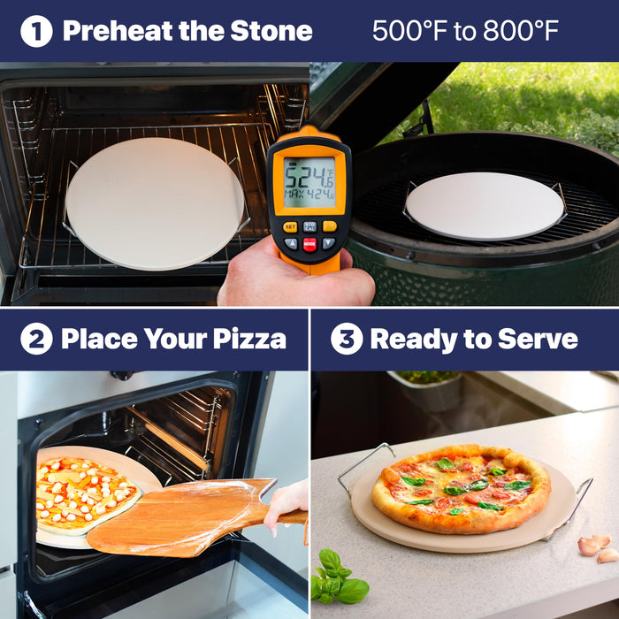 16" Pizza Stone for Oven & Grill with Handles - Natural Cordierite Baking Stone Set with SS Rack & Plastic Scraper (1500 °F Resistant, Round, Large)