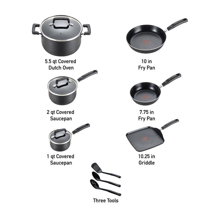 T-fal Signature Nonstick Cookware Set 12 Piece, Oven Broiler Safe 350F, Pots and Pans, Kitchen Cooking Set w/ Fry Pans, Saucepans, Saute Pan, Dutch Oven, Griddle, Kitchen, Home, Dishwasher Safe, Black