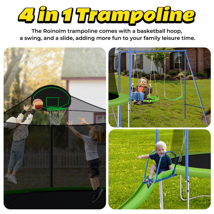 Roinoim 14FT Outdoor Trampoline with Swing, Slide, Basketball Hoop, Safety Enclosure and Ladder, ASTM Approval Outdoor Recreational Trampoline for Kids and Adults