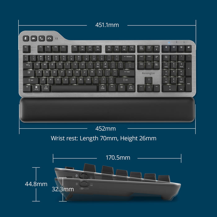 Kensington MK7500F Silent Mechanical Keyboard – Full Size, Wireless, Backlit, Rechargeable Battery, Customizable Keys, Spill-Proof, Includes Wrist Rest, Windows & macOS