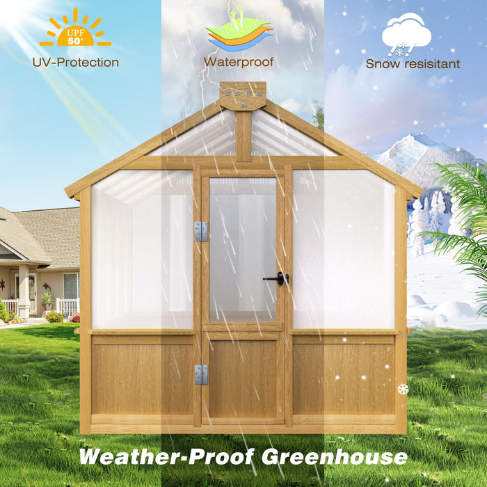 Mupater 6 x 8 x 8 Ft Wooden Polycarbonate Greenhouse with Ventilated Window and Lockable Door, Walk-in Greenhouse for Backyard, Natural