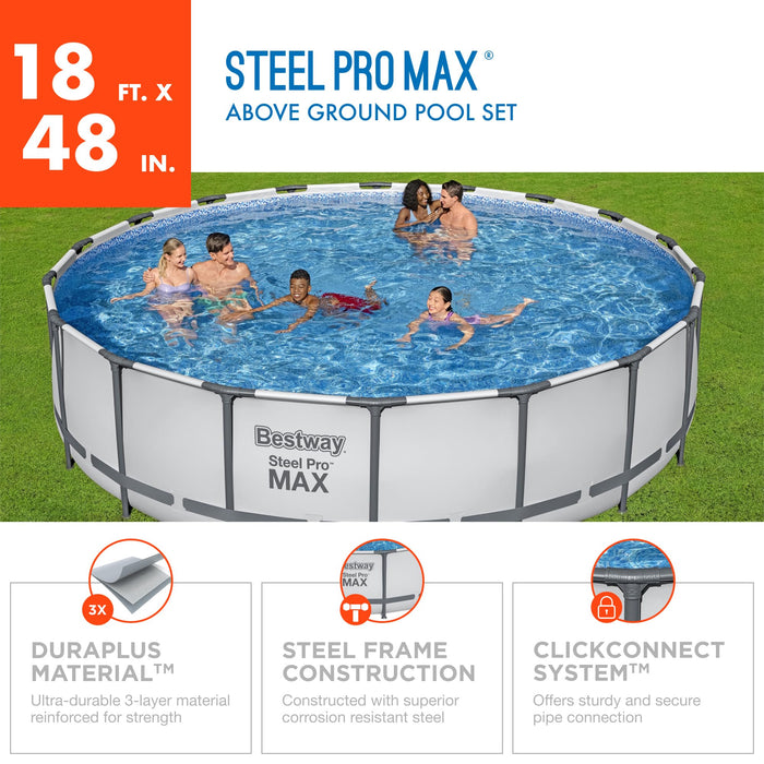 Bestway Steel Pro MAX 18 Foot x 48 Inch Round Metal Frame Above Ground Outdoor Swimming Pool Set with 1,000 Filter Pump, Ladder, and Cover