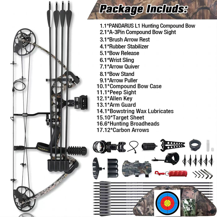 PANDARUS Compound Bow Draw Weight 0-70 Lbs for Pull Beginner and Intermediate Archer Fully Adjustable 19.25"-31" with All Accessories, up to IBO 320 fps New 2024(Black Right Handed Bag)