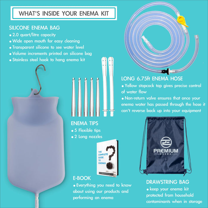 PE Premium Enema Clear Silicone Enema Bag Kit - 2 Quart, Reusable for Coffee & Water Colon Cleanse - 6.75 Foot Long Hose, 7 Tips Included. Enemas for Colon Cleanse Men and Women. Detox Cleanse.