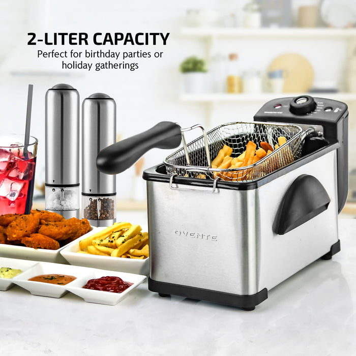 OVENTE Electric Deep Fryer 2 Liter Capacity, 1500 Watt Lid with Viewing Window and Odor Filter, Adjustable Temperature, Removable Frying Basket and Easy to Clean Stainless Steel Body, Silver FDM2201BR