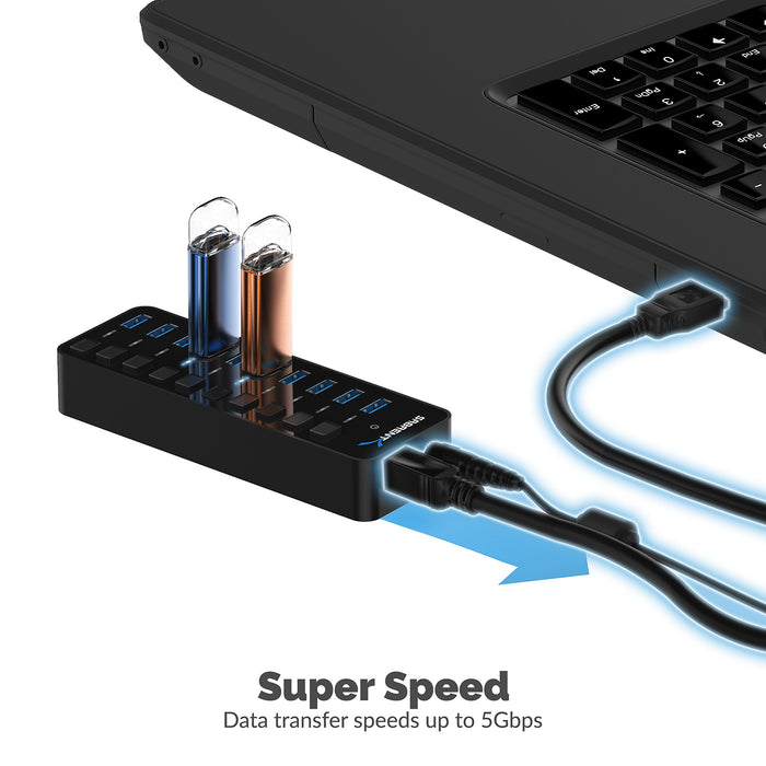 SABRENT 10-Port 60W USB 3.0 Hub with Individual Power Switches and LEDs, includes 60W 12V/5A Power Adapter (HB-BU10)