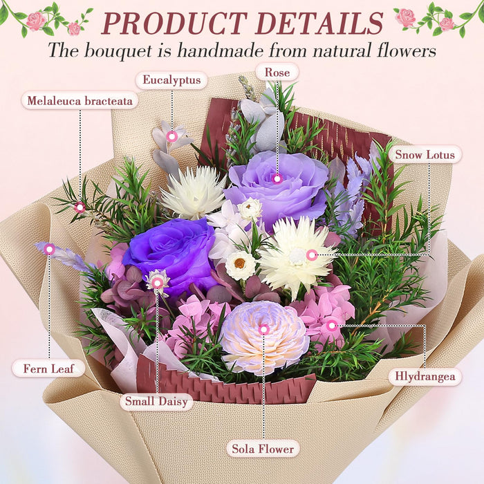 Bloom's Diary Preserved Flowers Bouquet Natural Real Long Lasting Roses and Flowers, Gift Box for Valentine's Day, Mother's Day,Anniversary,Birthday (Purple)