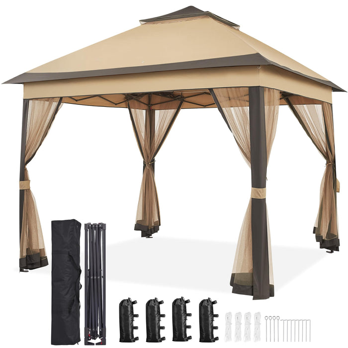 Yaheetech 11x11 Pop Up Gazebo Outdoor Canopy Shelter, Instant Patio Gazebo Sun Shade Canopy Tent with 4 Sandbags, Double Tiers & Mesh Netting for Lawn, Garden, Backyard & Deck, Khaki