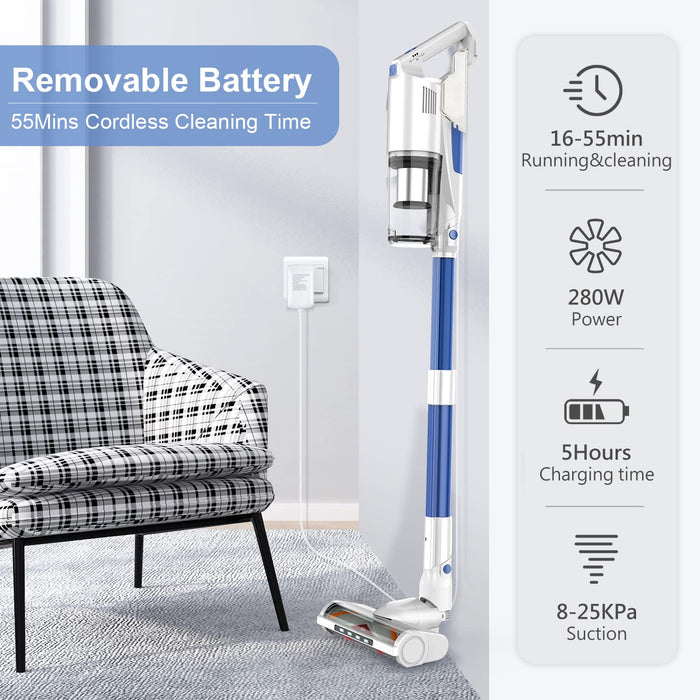 Whall Cordless Vacuum Cleaner, Upgraded 25Kpa Suction 280W Brushless Motor Stick Vacuum Cleaner, Lightweight Handheld Vacuum for Home Pet Hair Carpet Hard Floor, up to 55mins Runtime