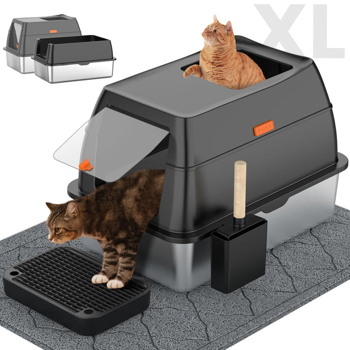 Stainless Steel Cat Litter Box with Lid,Front Entry Top Exit Kitty Litter Box,Extra Large Enclosed Metal Litter Box with Litter Scoop & Litter Mat-Black