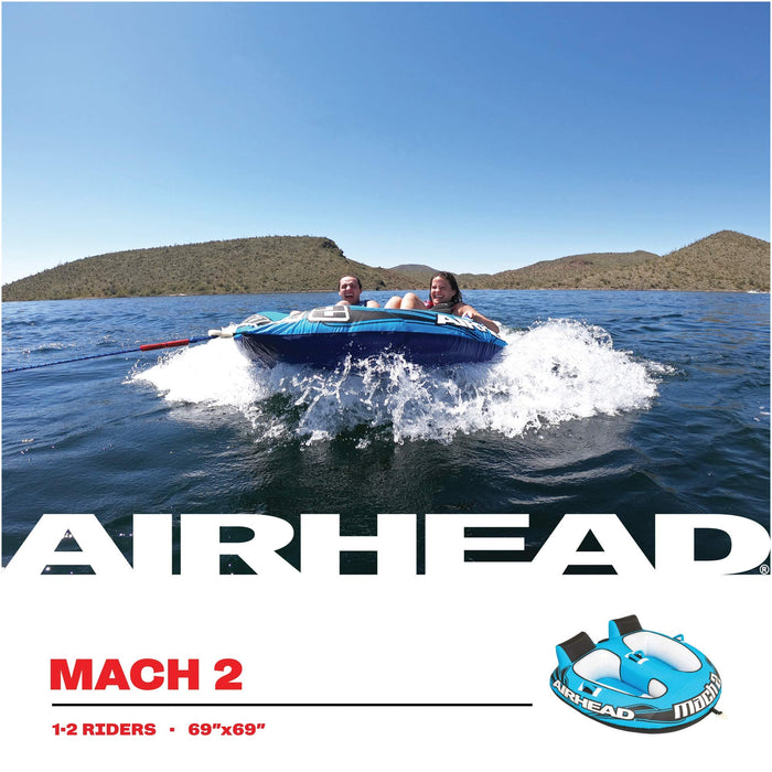 Airhead Mach 2, 1-2 Rider Towable Tube for Boating, 69"L x 69"W, Blue