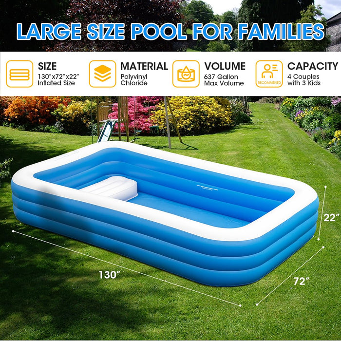 Large Inflatable Pool with Seats for Adults, 130"x 72" x22” Full Size Family Blow Up Pool, Oversized Thickened Above Ground Swimming Pool with Pump for Backyard Home Garden Lawn Indoor Outdoor